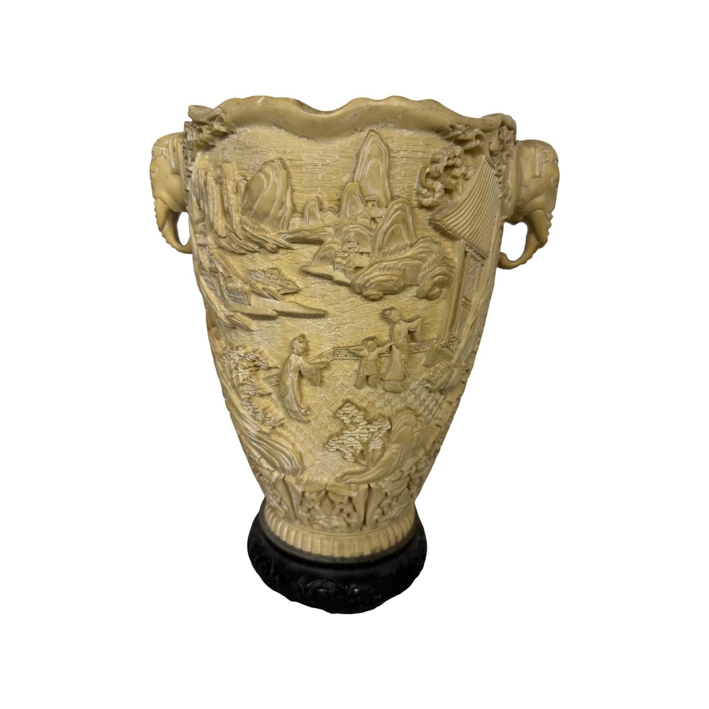 Chinese White Cinnabar Lacquer Vase – Relief Landscapes & Figures, Elephant Handles