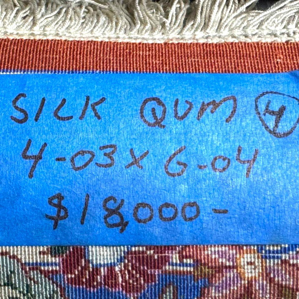 Persian Silk Rug – Red & Blue Floral Medallion from Qom by RiaheePur | 4'3" × 6'4"