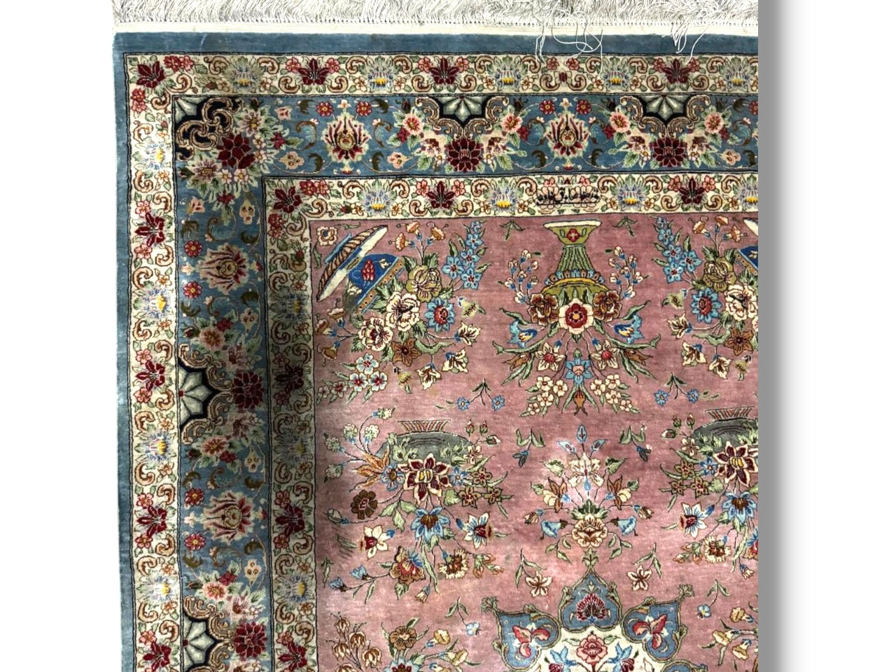 Persian Silk Rug – Pink Floral Harmony from Qom by Reza Sadeghzadeh | 3'3" × 4'10"