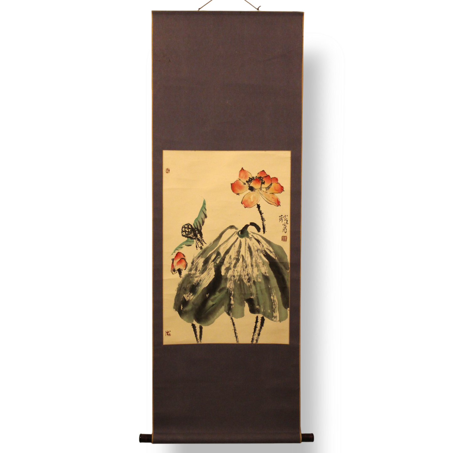 Chinese hand-painted scroll with lotus flowers and a seed pod