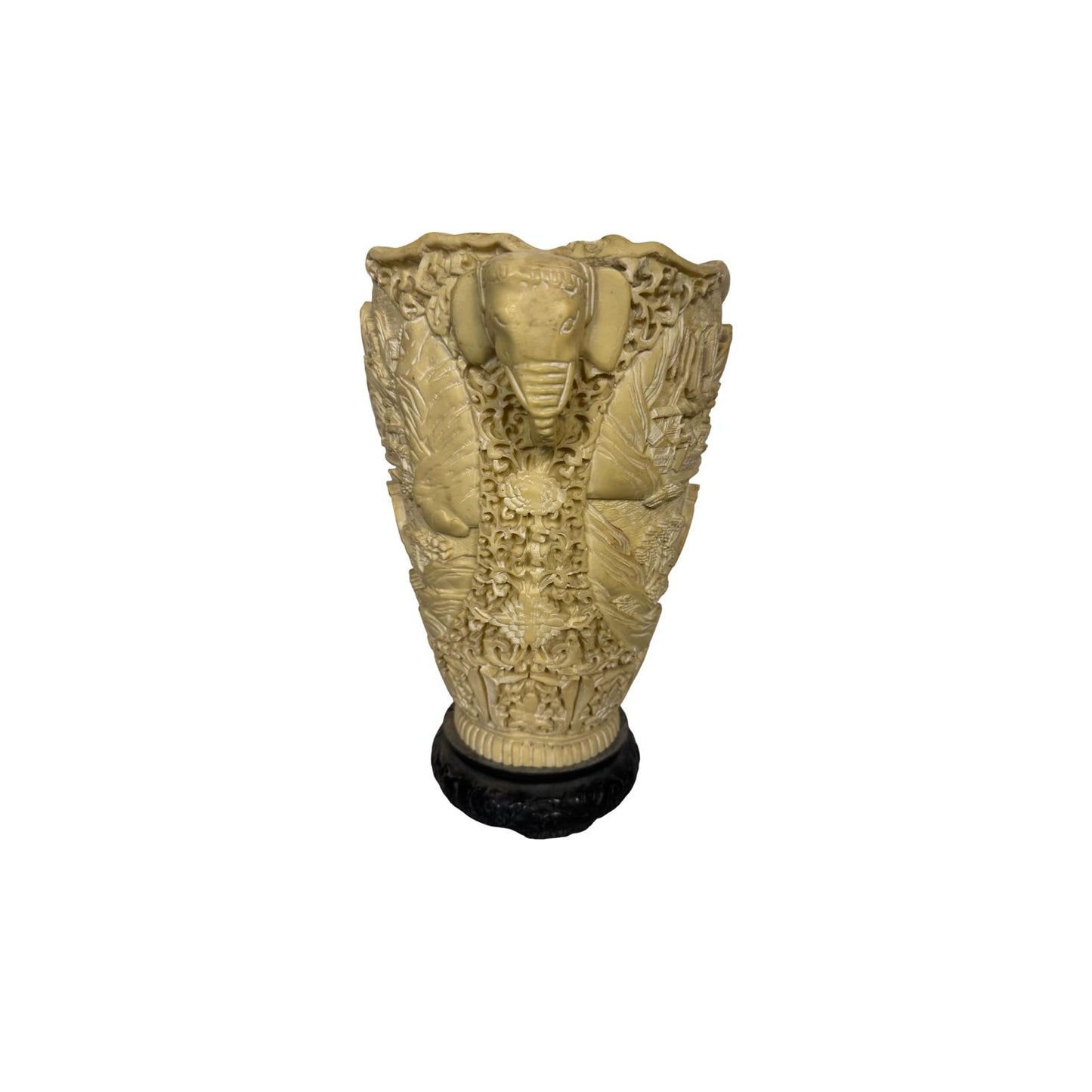 Chinese White Cinnabar Lacquer Vase – Relief Landscapes & Figures, Elephant Handles