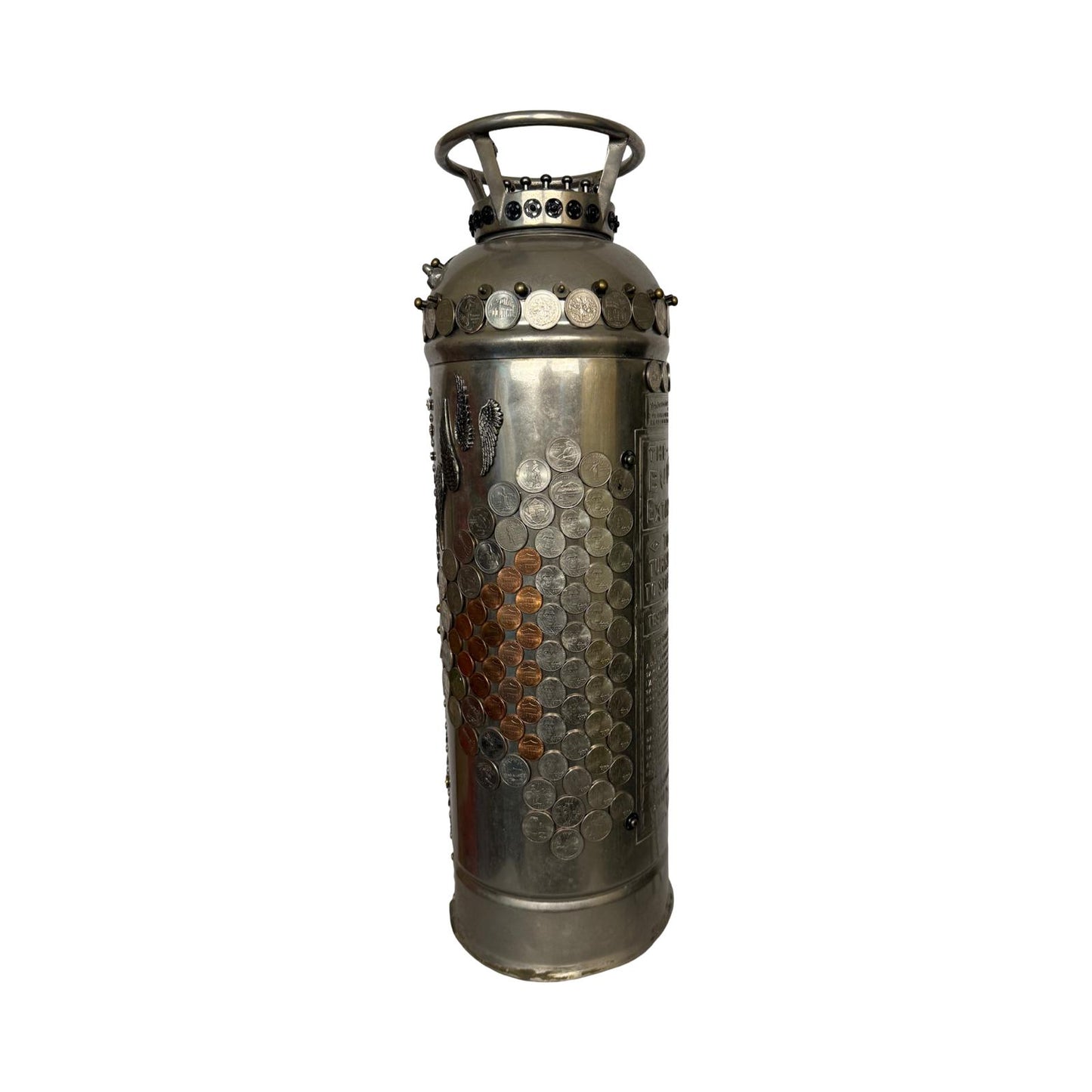 Decorative antique fire extinguisher with coins