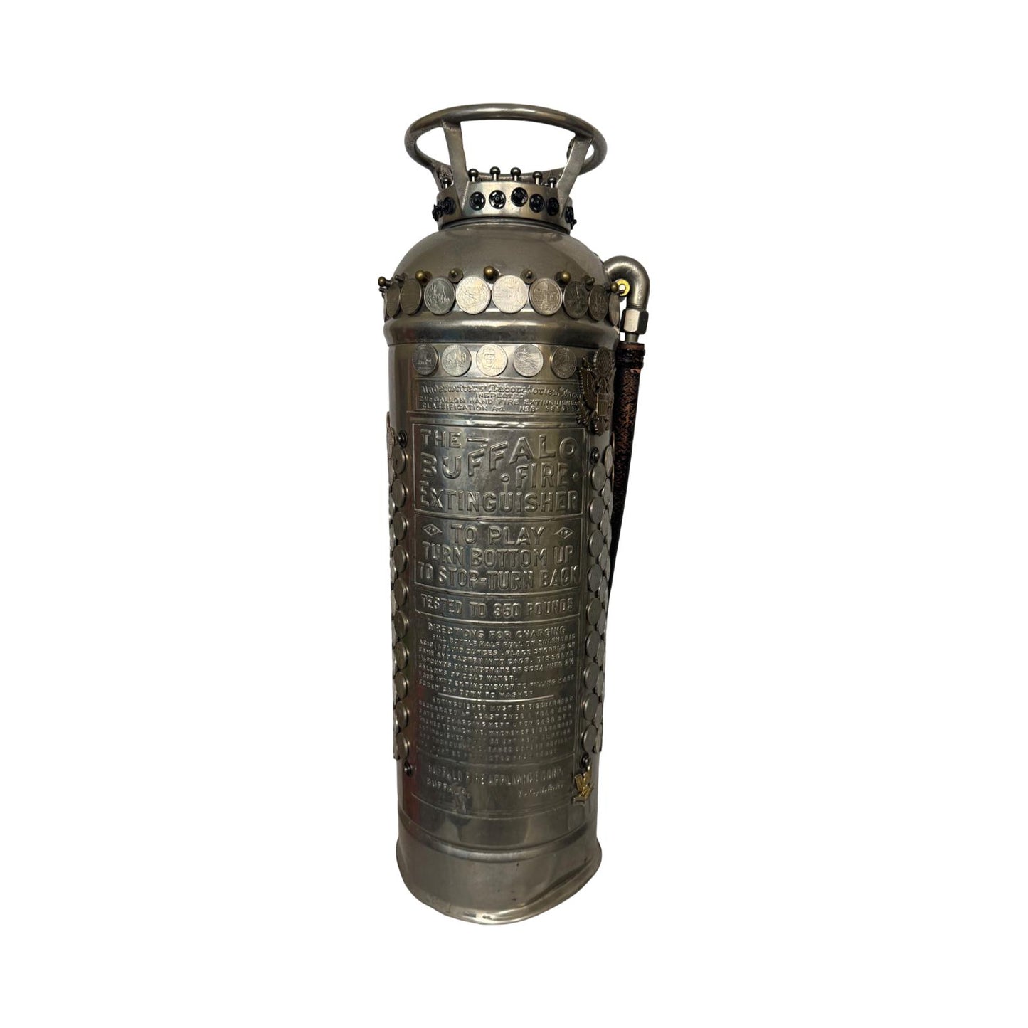 Decorative antique fire extinguisher with coins