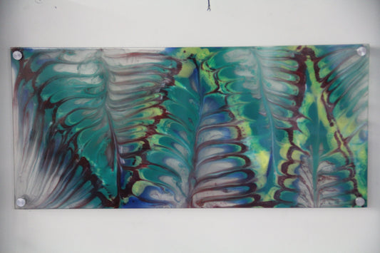 “Peacock”  ( one  example  of  suspended  dyes  &  paints  in  a  clear  resin  panel)