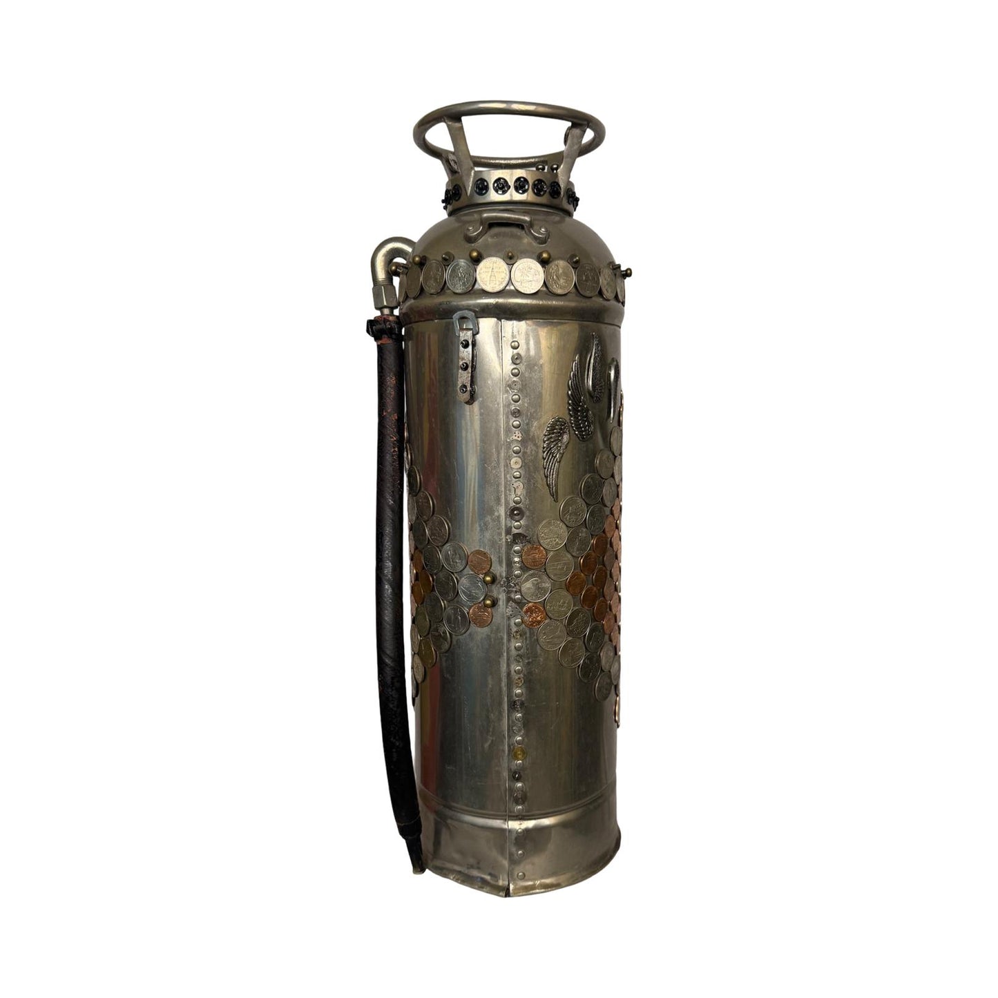 Decorative antique fire extinguisher with coins
