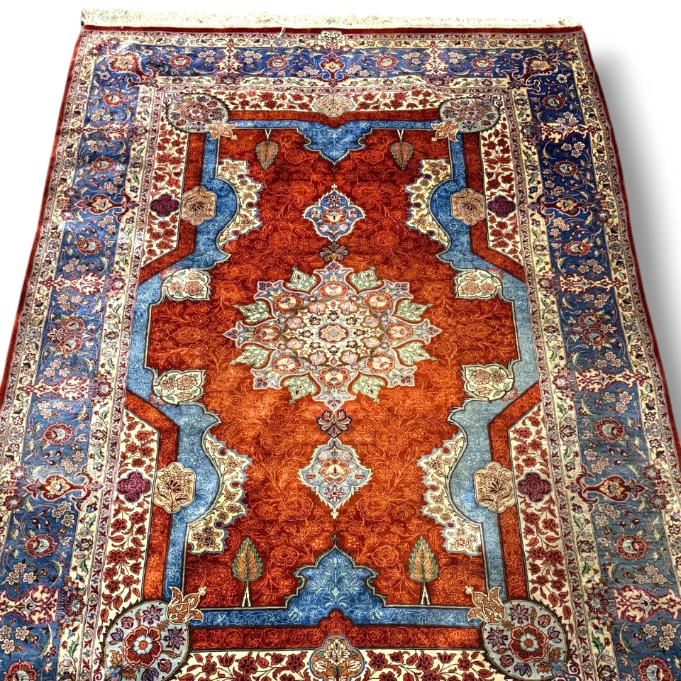 Persian Silk Rug – Red & Blue Floral Medallion from Qom by RiaheePur | 4'3" × 6'4"