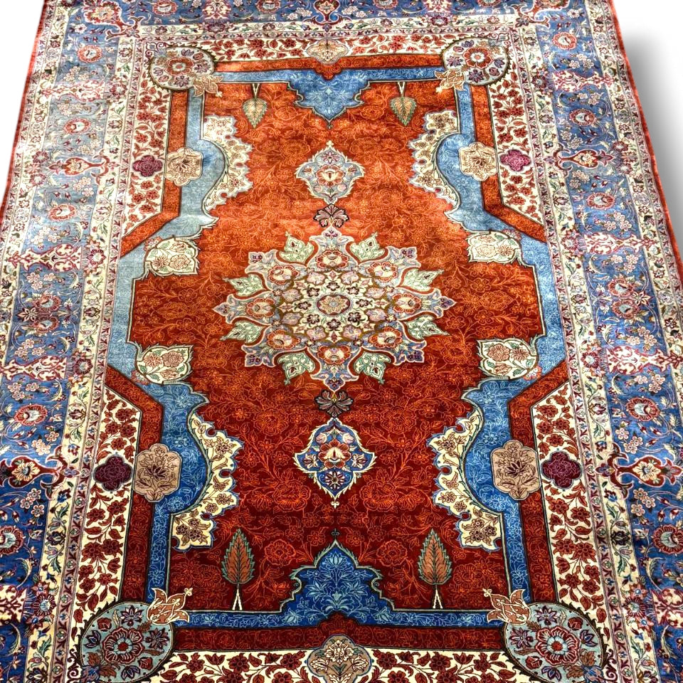 Persian Silk Rug – Red & Blue Floral Medallion from Qom by RiaheePur | 4'3" × 6'4"