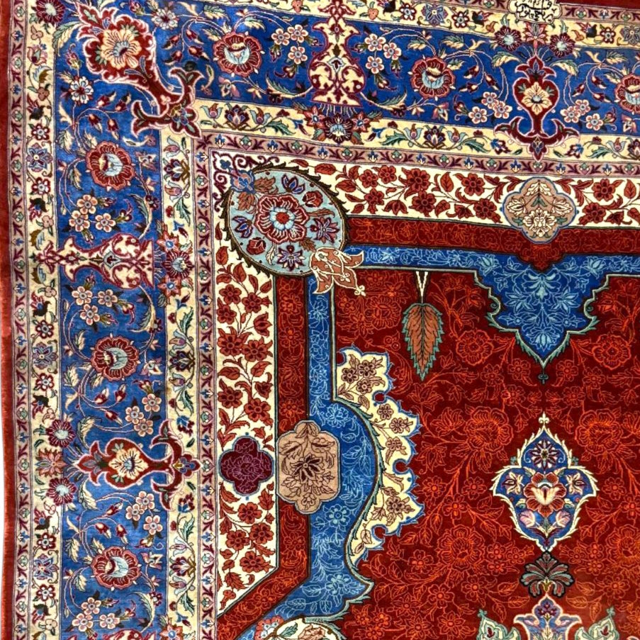 Persian Silk Rug – Red & Blue Floral Medallion from Qom by RiaheePur | 4'3" × 6'4"
