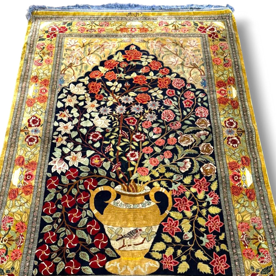 Persian Silk Rug – Floral Tree of Life from Qom by Hashemi NoorBakhsh | 3'2" × 4'9"