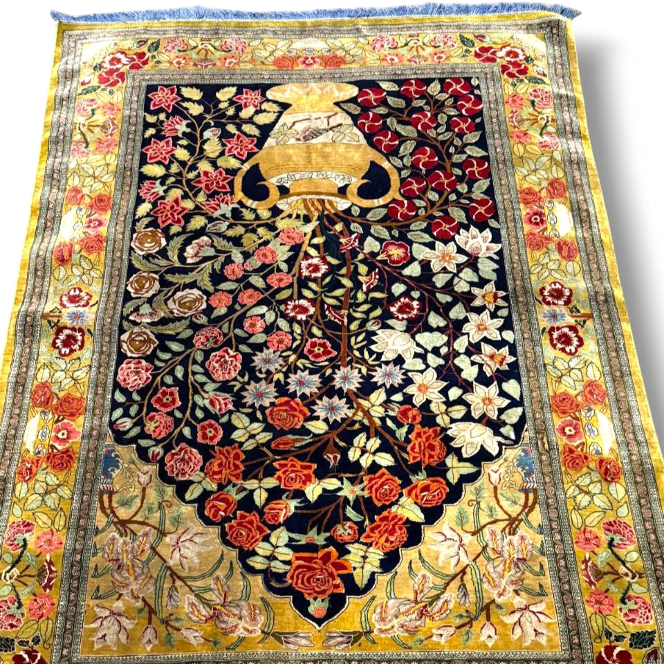 Persian Silk Rug – Floral Tree of Life from Qom by Hashemi NoorBakhsh | 3'2" × 4'9"