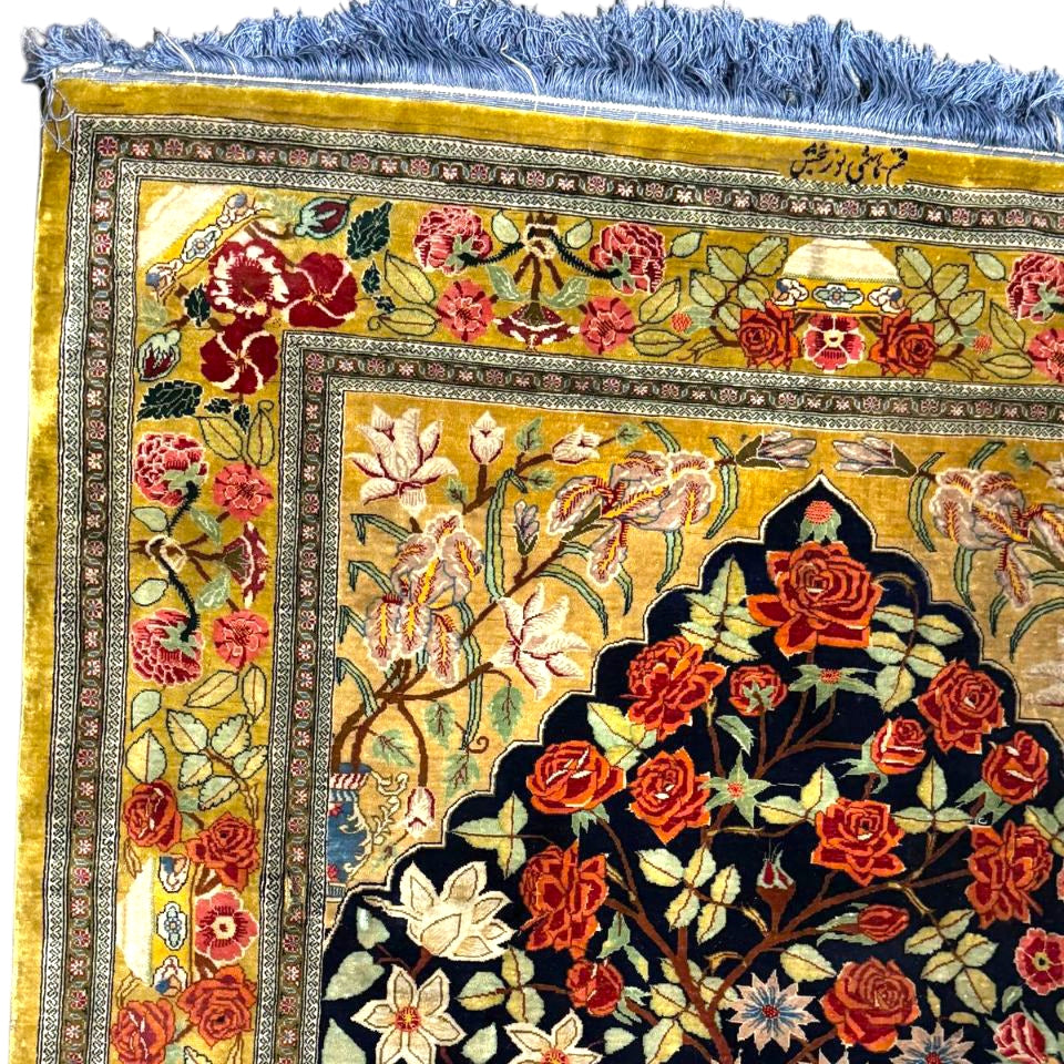 Persian Silk Rug – Floral Tree of Life from Qom by Hashemi NoorBakhsh | 3'2" × 4'9"