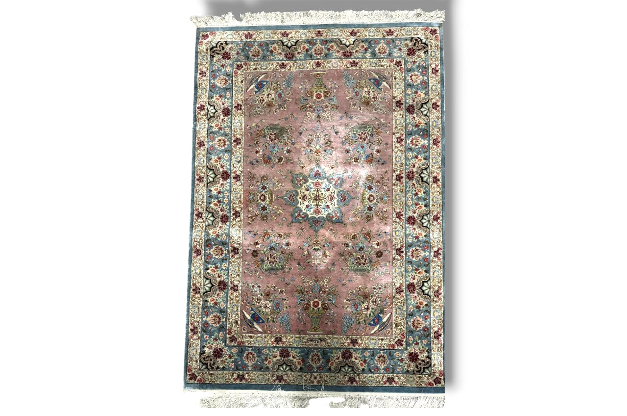 Persian Silk Rug – Pink Floral Harmony from Qom by Reza Sadeghzadeh | 3'3" × 4'10"
