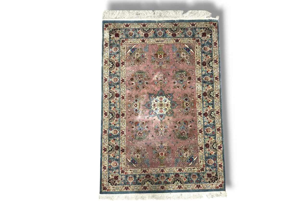 Persian Silk Rug – Pink Floral Harmony from Qom by Reza Sadeghzadeh | 3'3" × 4'10"