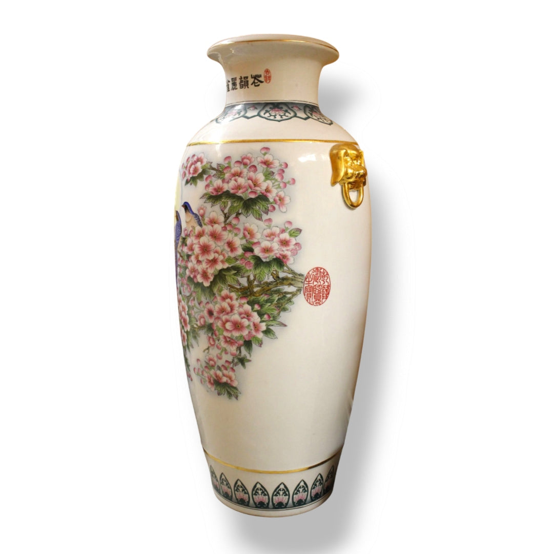 Vintage Chinese porcelain vase with peacocks & peony