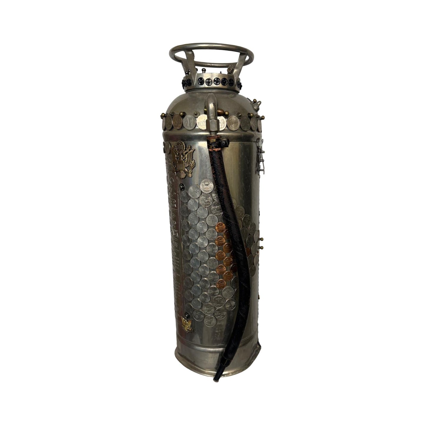 Decorative antique fire extinguisher with coins