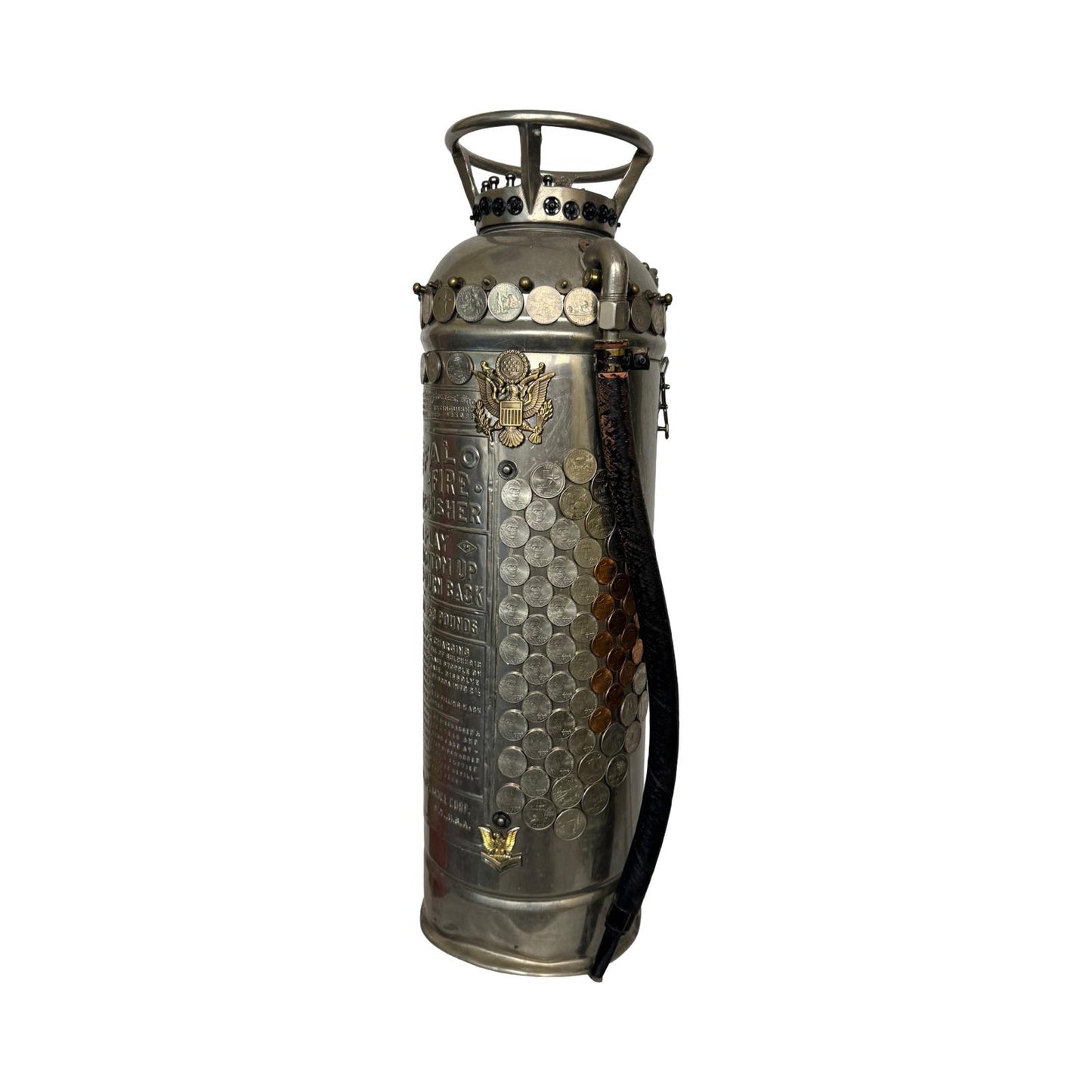 Decorative antique fire extinguisher with coins