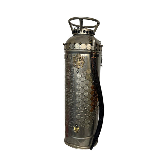 Decorative antique fire extinguisher with coins