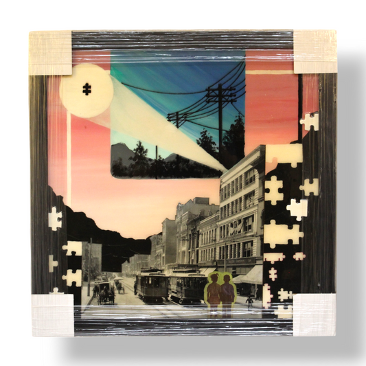 A framed “puzzle/collage” of downtown Los Angeles (“DTLA”) covered in resin