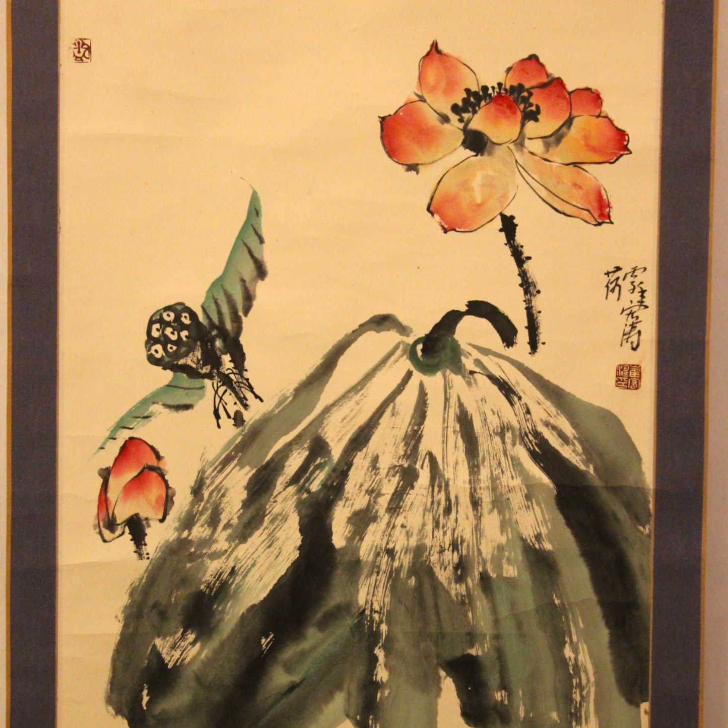 Chinese hand-painted scroll with lotus flowers and a seed pod