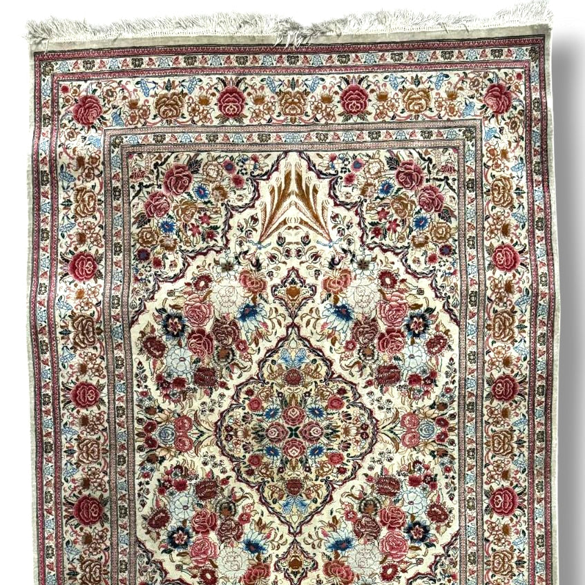 Persian Silk Rug – Ivory Floral Medallion from Qom by Noori | 3'3" × 4'10"