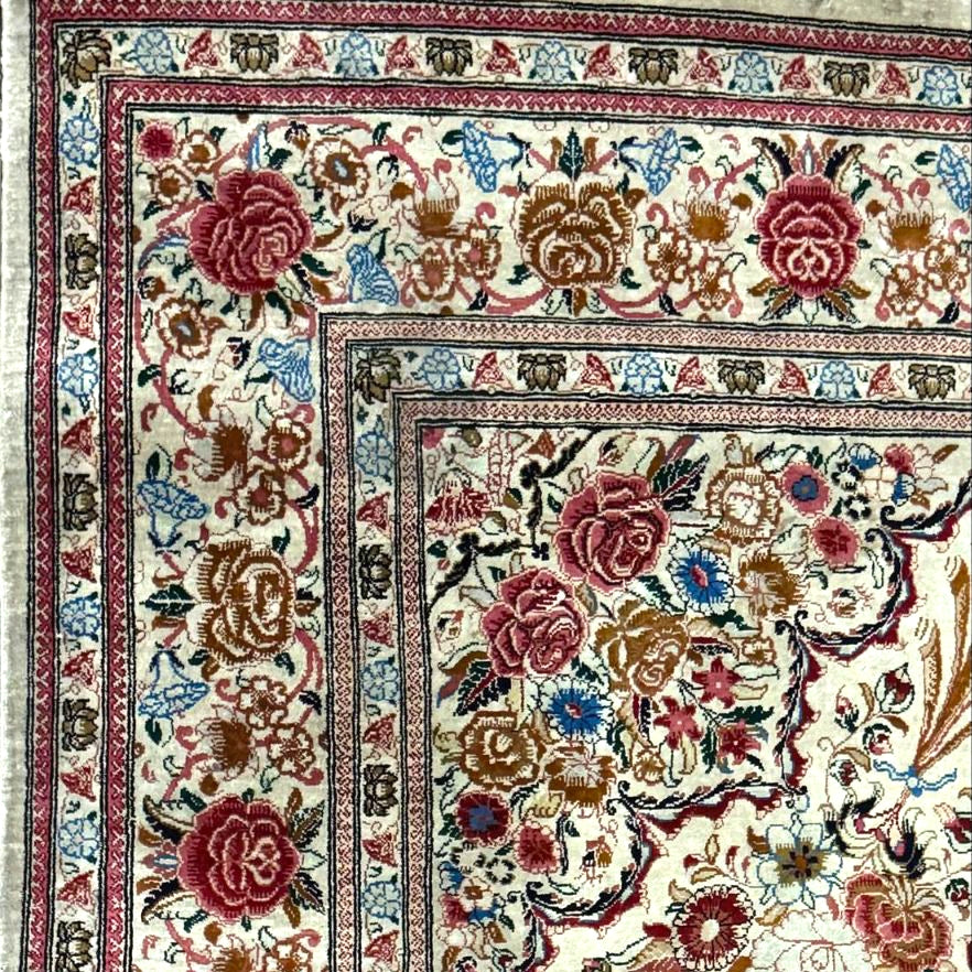 Persian Silk Rug – Ivory Floral Medallion from Qom by Noori | 3'3" × 4'10"