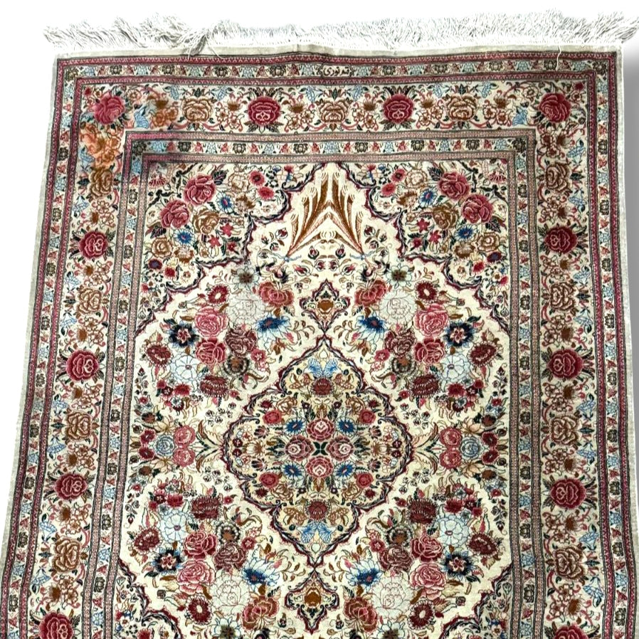 Persian Silk Rug – Ivory Floral Medallion from Qom by Noori | 3'3" × 4'10"